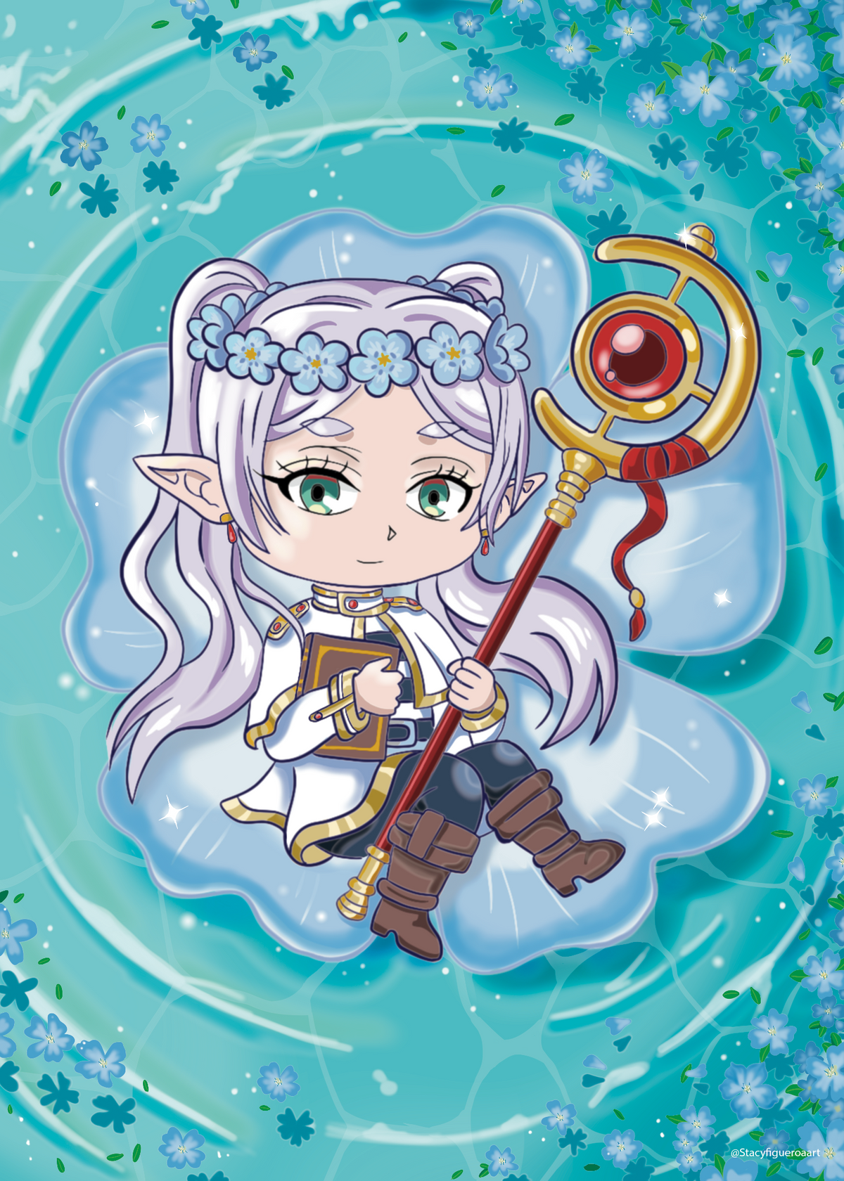 White Elf Mage Blue Flower Art Print