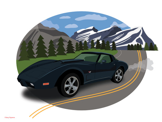 Dark Blue Corvette Landscape View